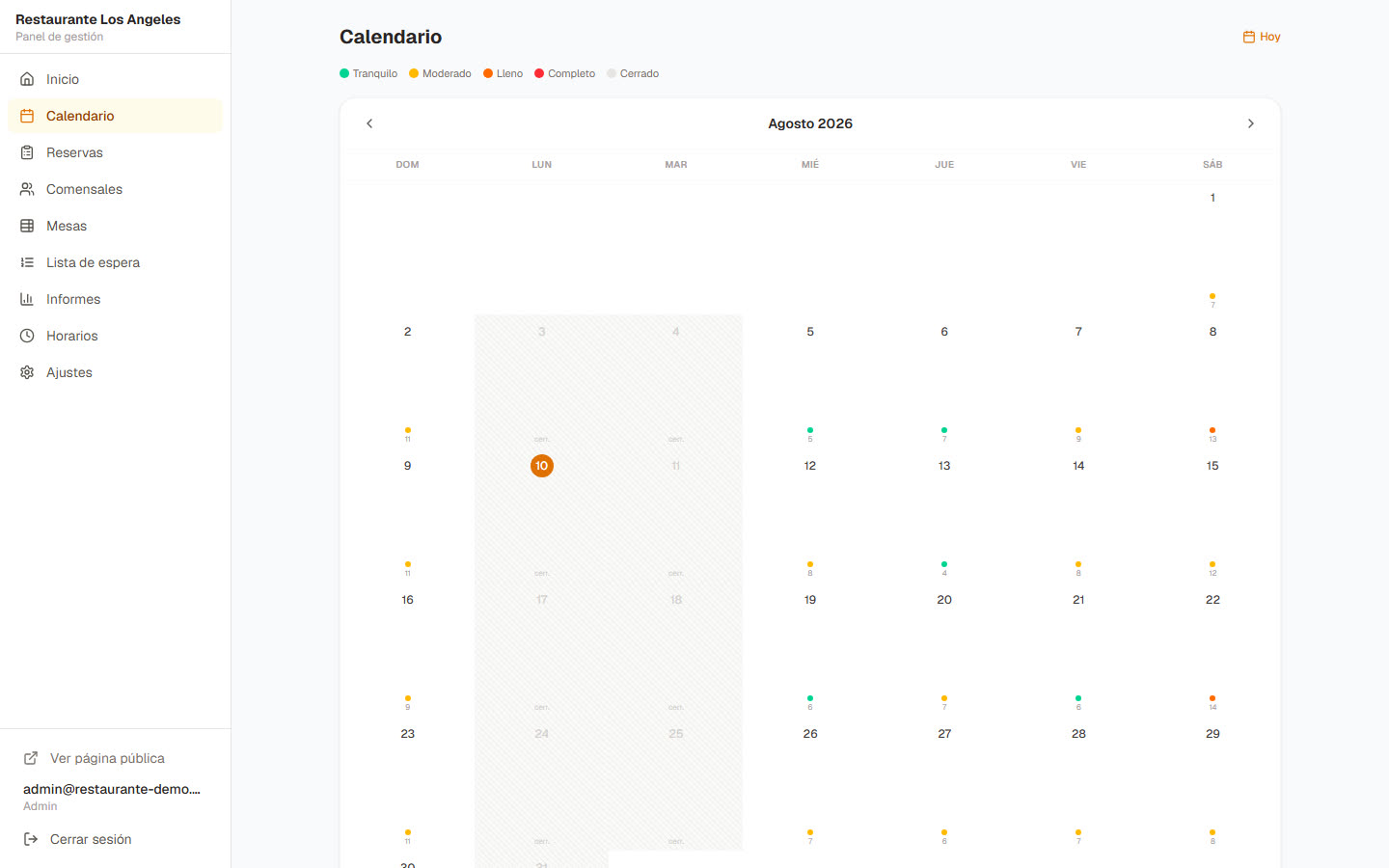Calendario mensual de ocupación del restaurante